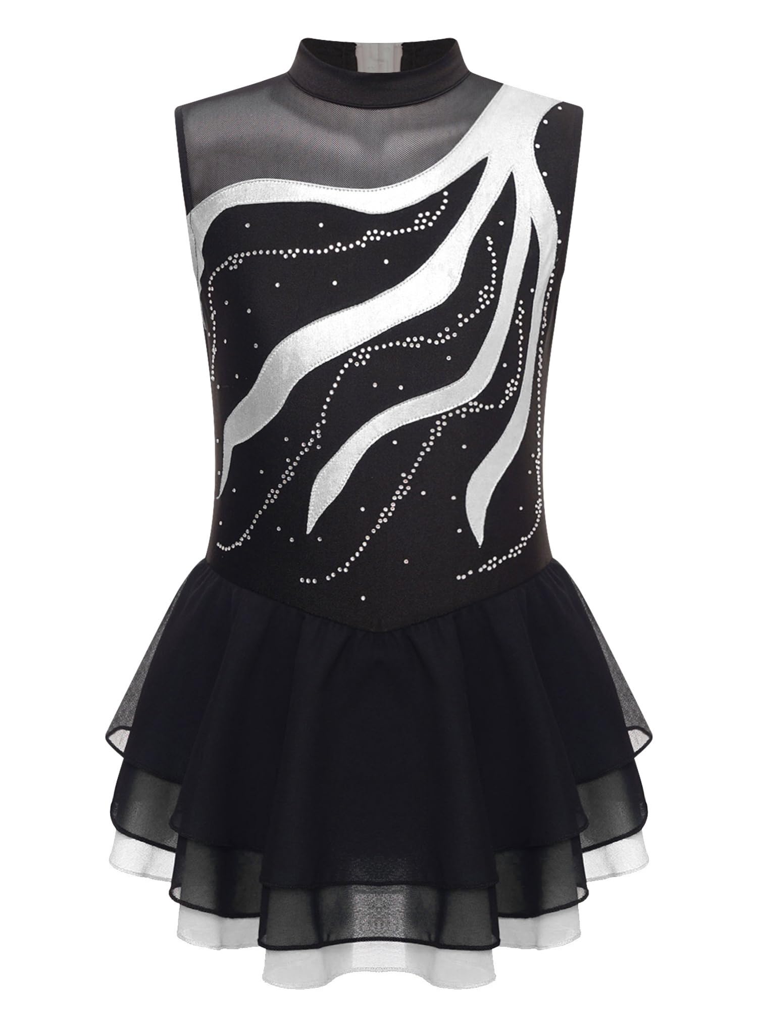 IEFIEL Vestido de Patinaje Artístico para Niña Maillot Ballet con Falda Malla de Gimnasia Rítmica sin Mangas con Lentejuelas Brillantes Vestido de Danza Lírica — view 34