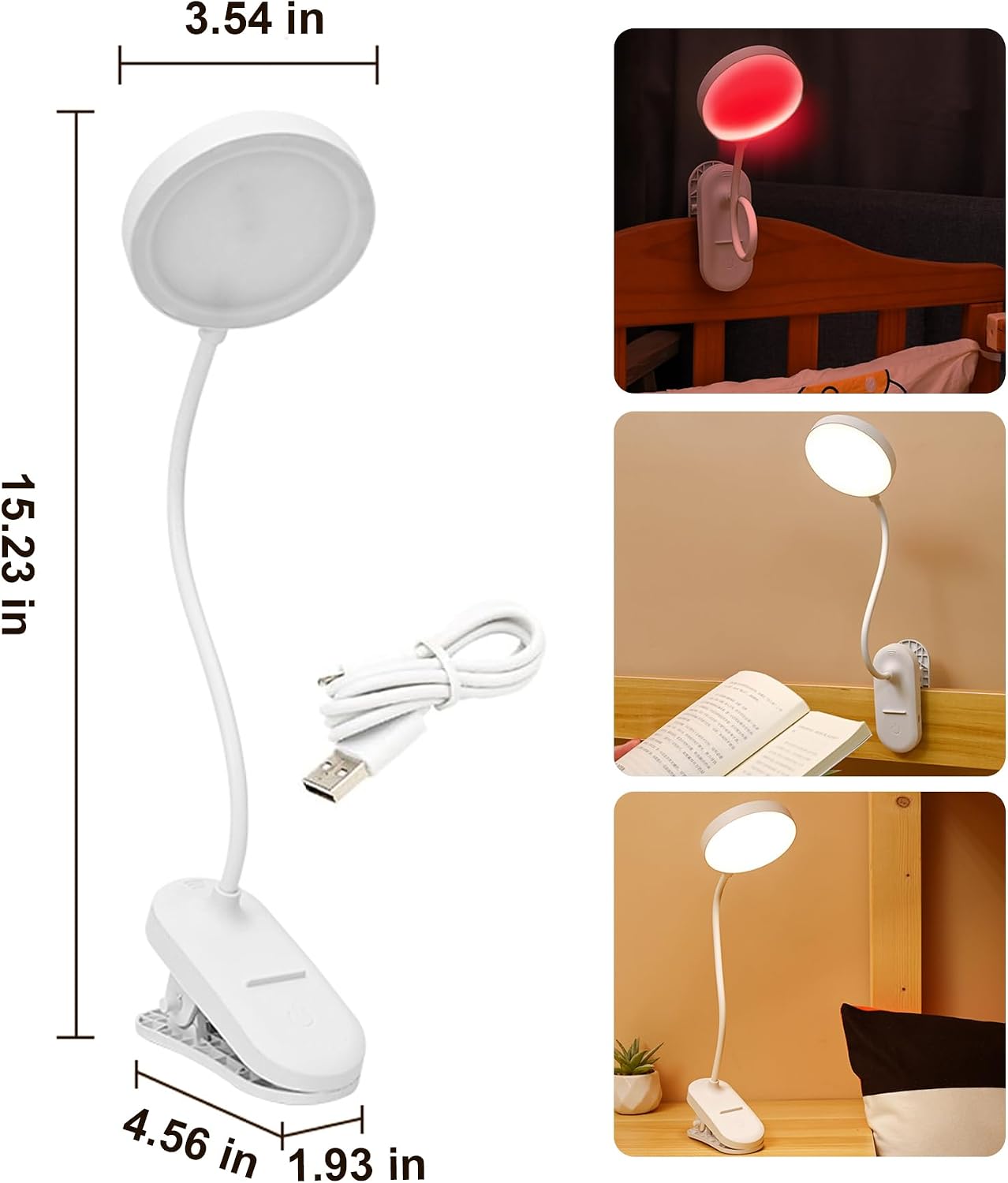 SZOKLED Red Light Reading Lights for Books in Bed, Clip on Lamp with Timer & Dimmable, Rechargeable Eye Care Night Light for Bedroom, Desk, Laptop, Headboard