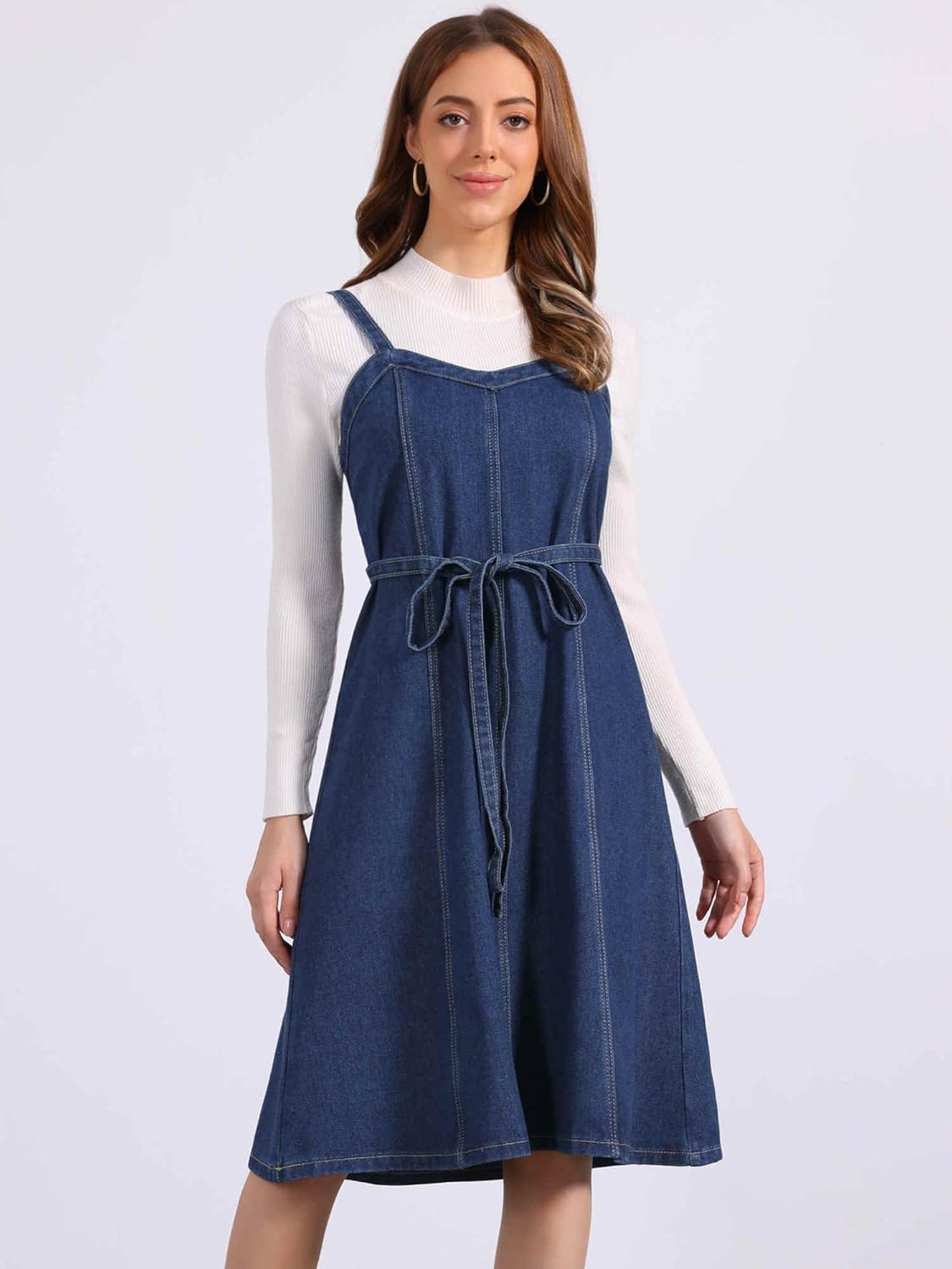 Allegra K Women Midi Denim Dress Sleeveless Sweetheart Neck Smocked Cross Back A-Line Belted Jean Dresses - Image 4