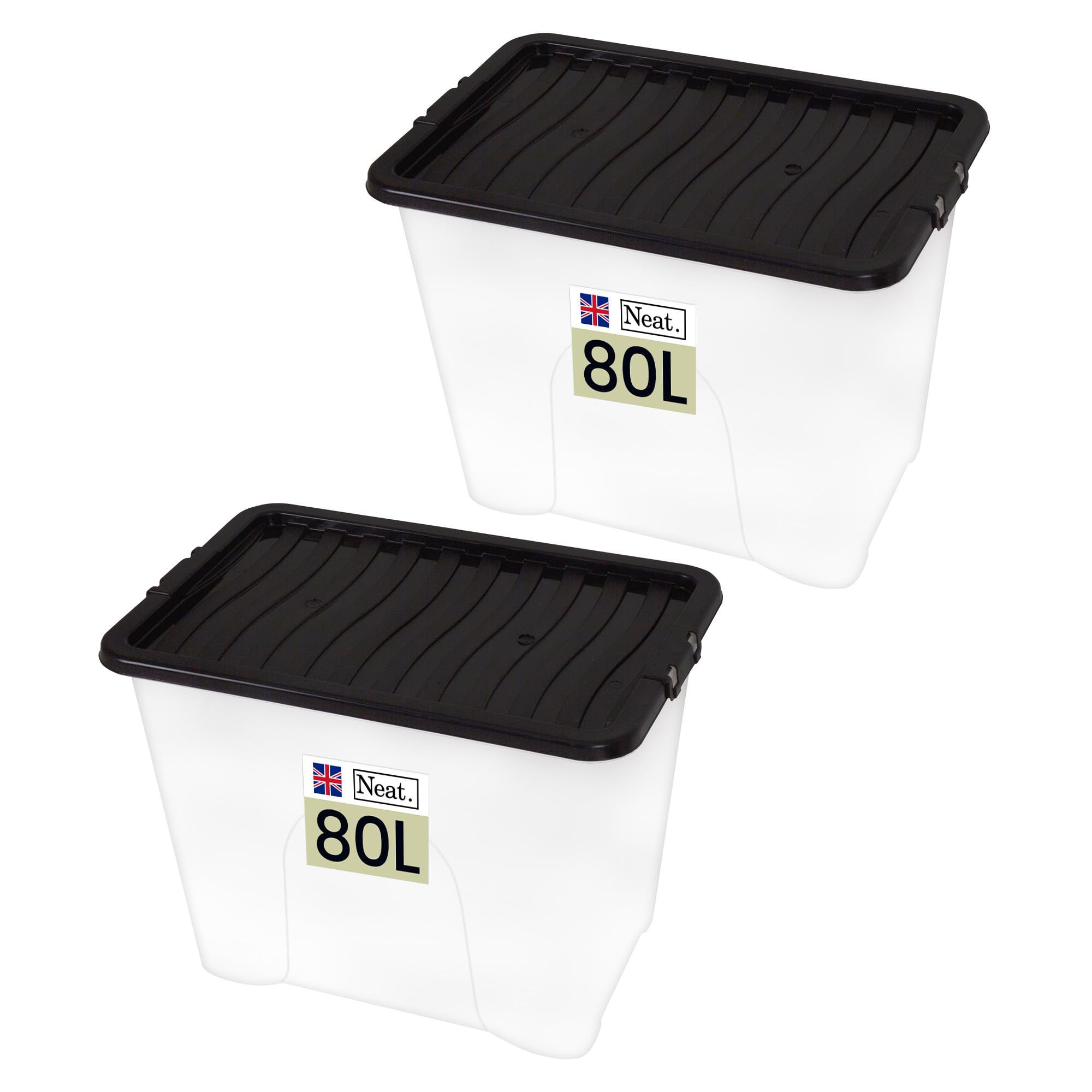 Neat. Plastics 80L Storage Box, Clear Base, Black Lid - Organise Easily with Plastic Storage Box with Lid, Ideal Clear Boxes for Storage, Durable Plastic Boxes with Lids Storage, Pack of 2