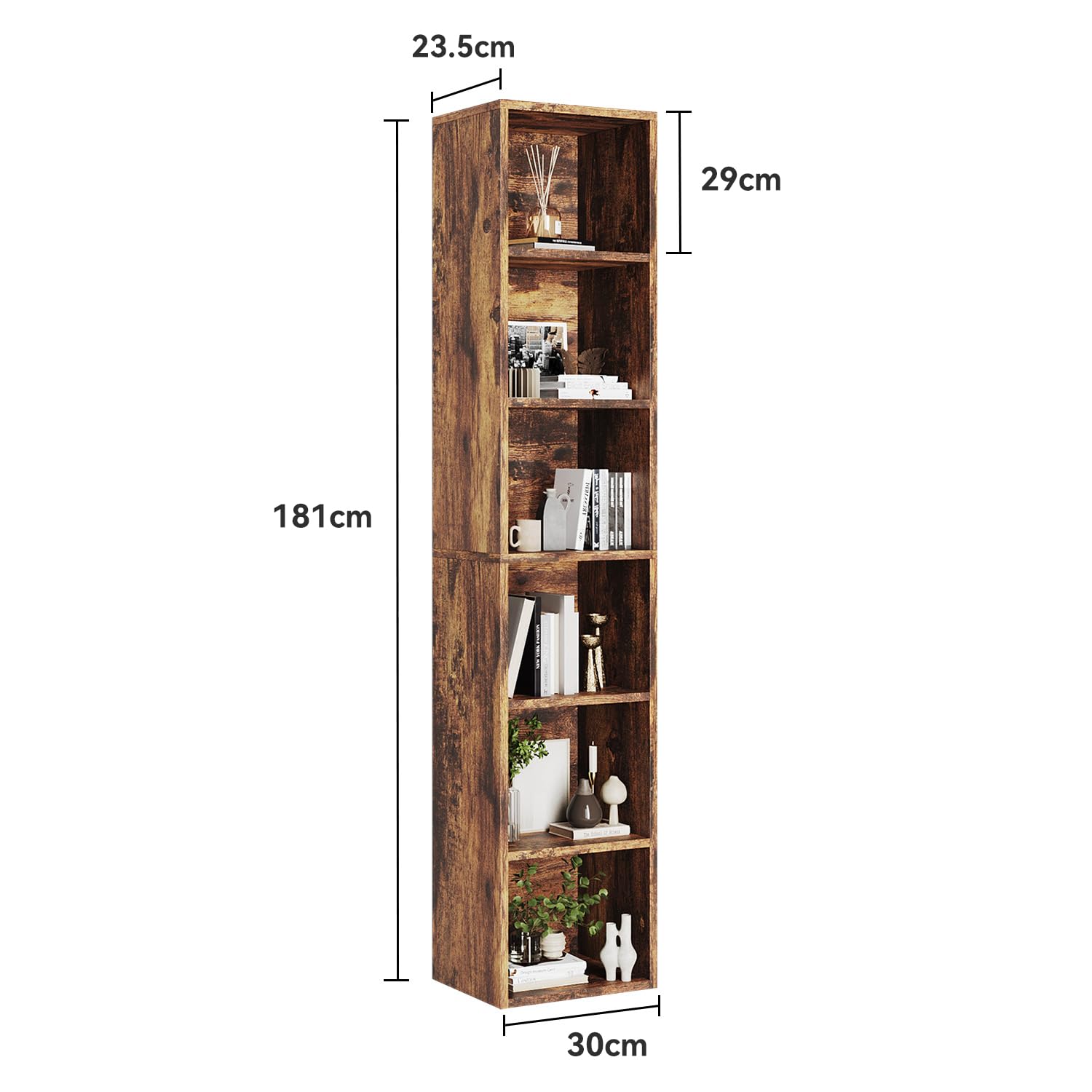 oneinmil Estantería de Libros,Estantería Columna Vertical con 6 Cubos,Estantería,Organizador con Compartimentos,para Oficina,Sala de Estar,Salón,Dormitorio,23.5 x 30 x 181 cm,Marrón