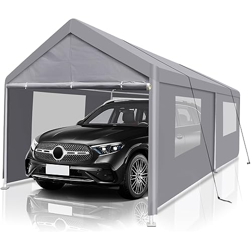 10x20 ft Heavy Duty Carport Canopy with Transparent Windows,Removable Doors Portable Garage with Metal Frame, Car Canopy with Waterproof & UV-Resistant for Car, Truck, Boat