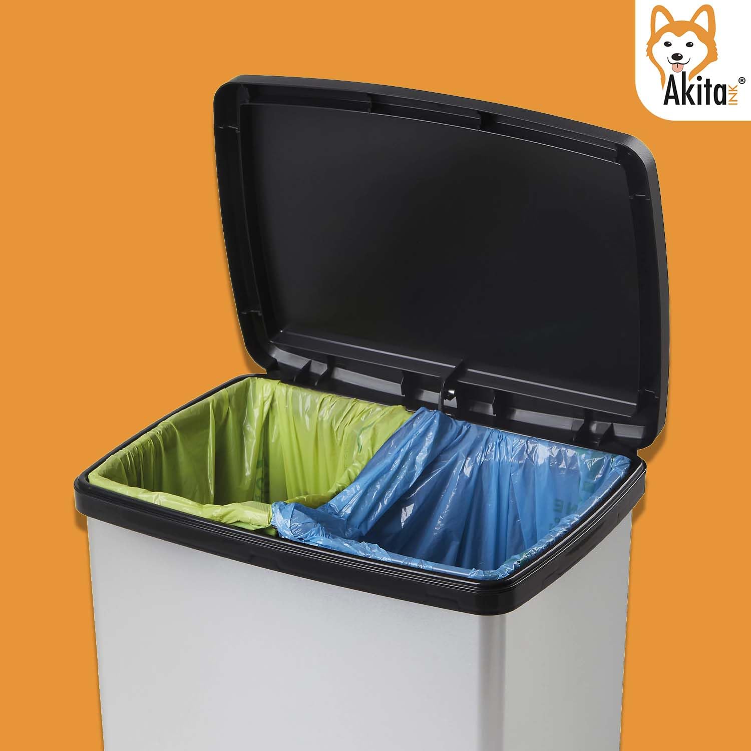 AKITAInk Pattumiera a Pedale BIG XXL 28,8x39x65,4 cm - Compatibile con 2 Sacchetti, Chiusura Soft Close, Raccolta Differenziata, Grigio Metallizzato, per Cucina e Ufficio, Facile Pulizia