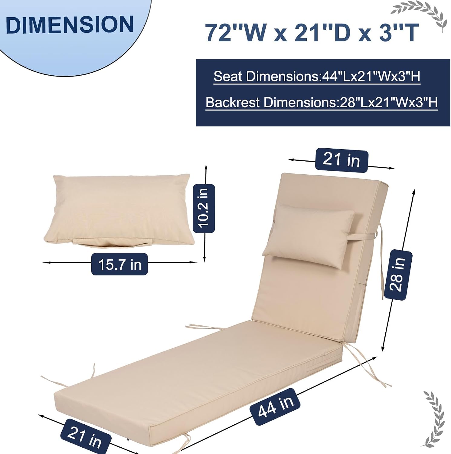 Outdoor Chaise Lounge Cushions Set of 2, Waterproof Fade Resistant Patio Lounger Cushion with Removable Cover, Replacement Sun Lounger Pad for Pool Deck Lawn (Khaki, 72 * 21 * 3 inch)