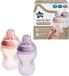 Tommee Tippee Natural Start Anti Colic 9 oz BPA Free Silicone Baby Bottles, 0+ Months, Silicone Feels Like Mother's Skin, Slow Flow Breast-Like Nipple, Pink and Purple, Pack of 2