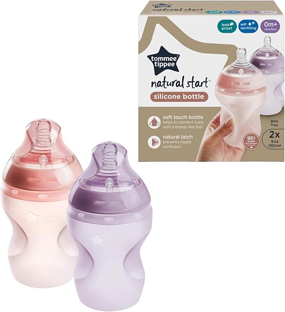 Tommee Tippee Natural Start Anti Colic 9 oz BPA Free Silicone Baby Bottles, 0+ Months, Silicone Feels Like Mother's Skin, Slow Flow Breast-Like Nipple, Pink and Purple, Pack of 2
