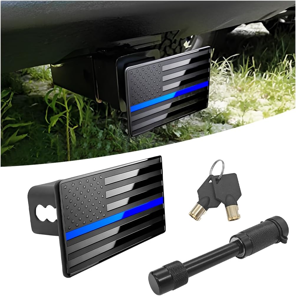 AUCELI American Flag Metal Car Trailer Hitch Cover, Heavy Auto Tow Plug for 2 lnch Receivers, Vehicle Exterior Accessories with 5/8-Inch Pin Diameter Lock, Universal for Truck SUV Sedan (Blue)