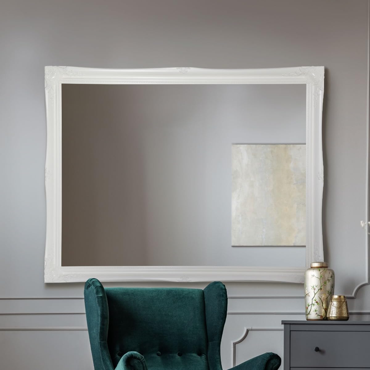 Shabby Chic Wide Wall Mirror - White - 137cm x 107cm - Decorative French Style Frame - Ornate Detailing - Hamilton