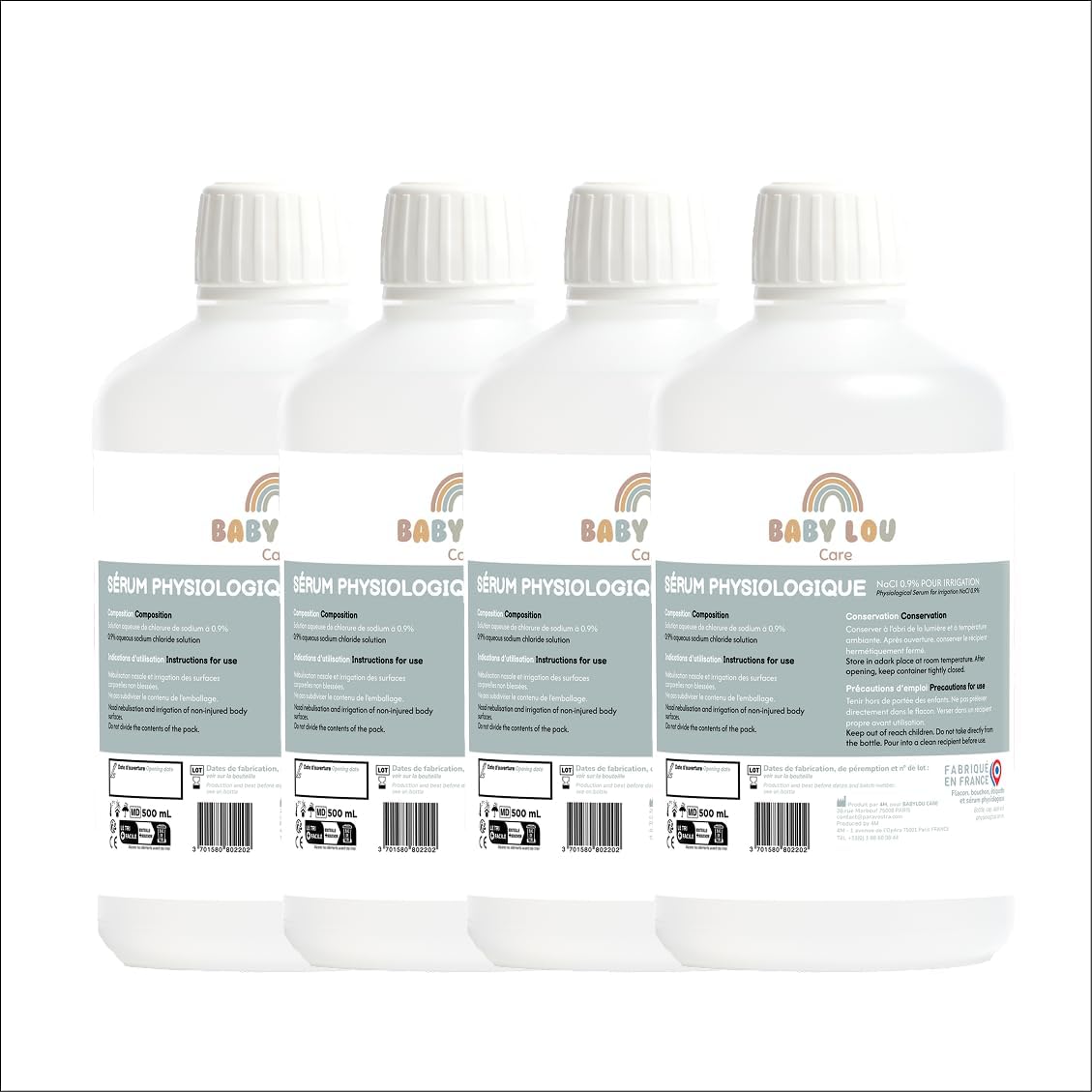 Fizjologiczne serum w butelce 4x500ml | NaCl 0,9% | Wyprodukowano we Francji | Mycie nozdrzy | Higiena nosa | Do nawadniania zewnętrznego