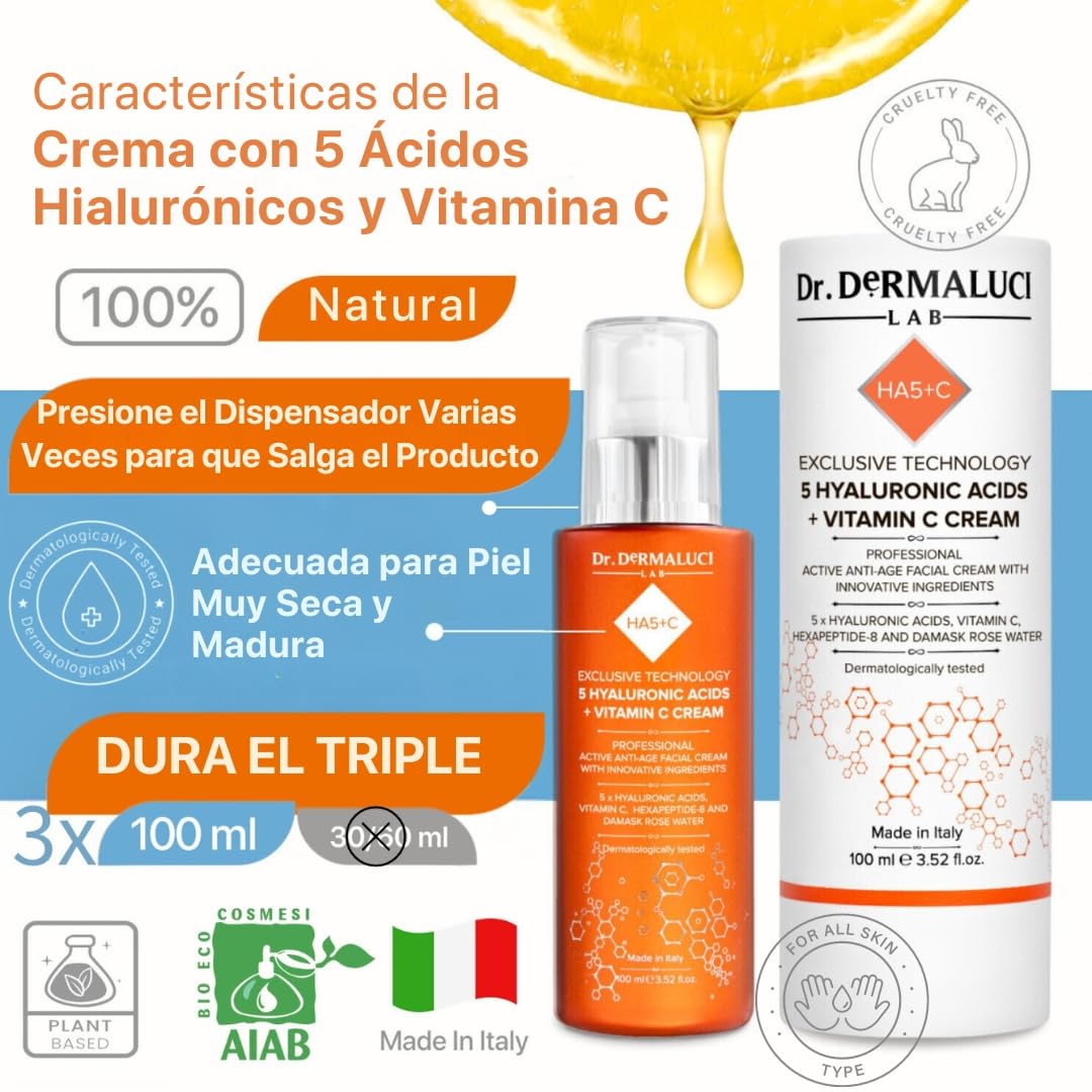Dr. Dermaluci Lab Crema Facial Hidratante 100ml BIO - Antiarrugas, Reafirmante, Iluminador - Con 5 Acidos Hialuronicos, Vitamina C, Hexapeptido y Rosa - AIAB, Probado al Niquel, Made in Italy