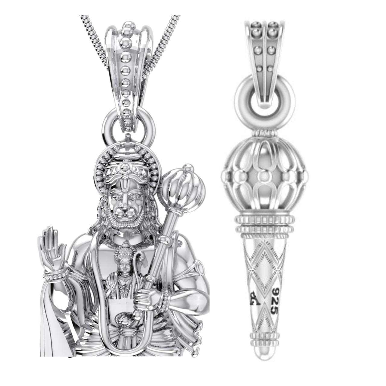 Akshat Sapphire Sterling Silver (92.5% purity) Combo Pack of God Hanuman and Gada Pendants for Men & Women Pure Silver Lord Bajrang Bali Ji With Gada Lockets for Good Health & Wealth-image-45