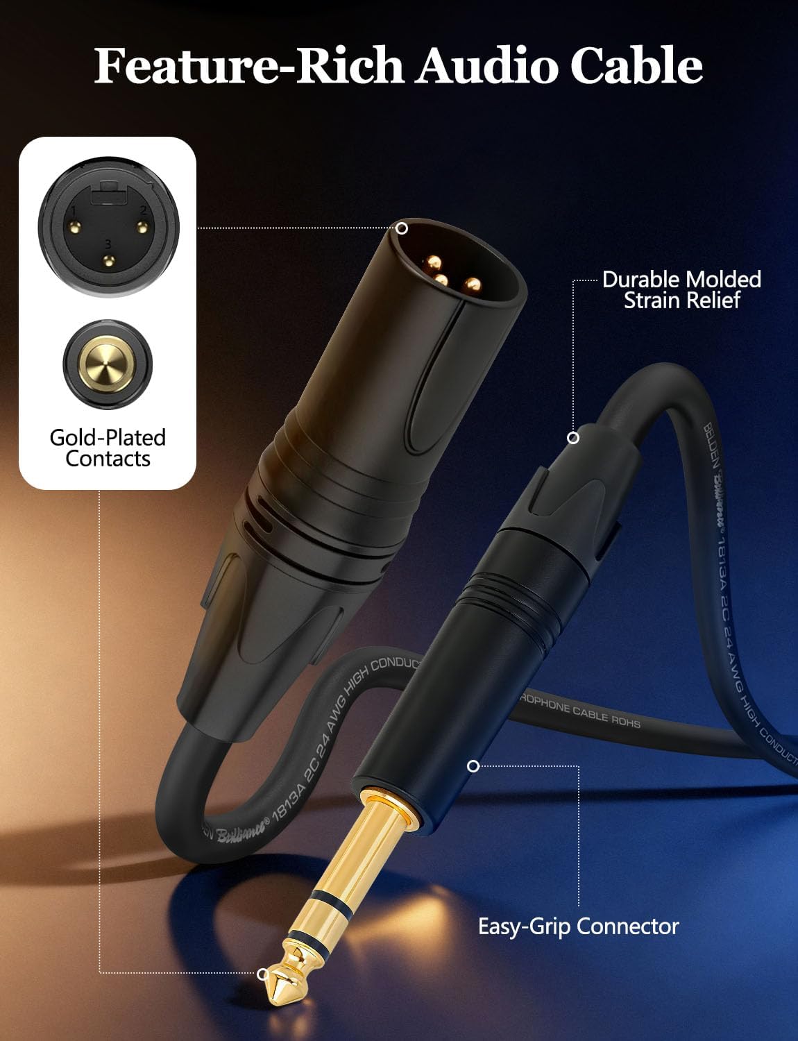 Superbat バランスTRSからXLRケーブル 3フィート XLRオスから1/4 TRSオスステレオオーディオケーブル Beld