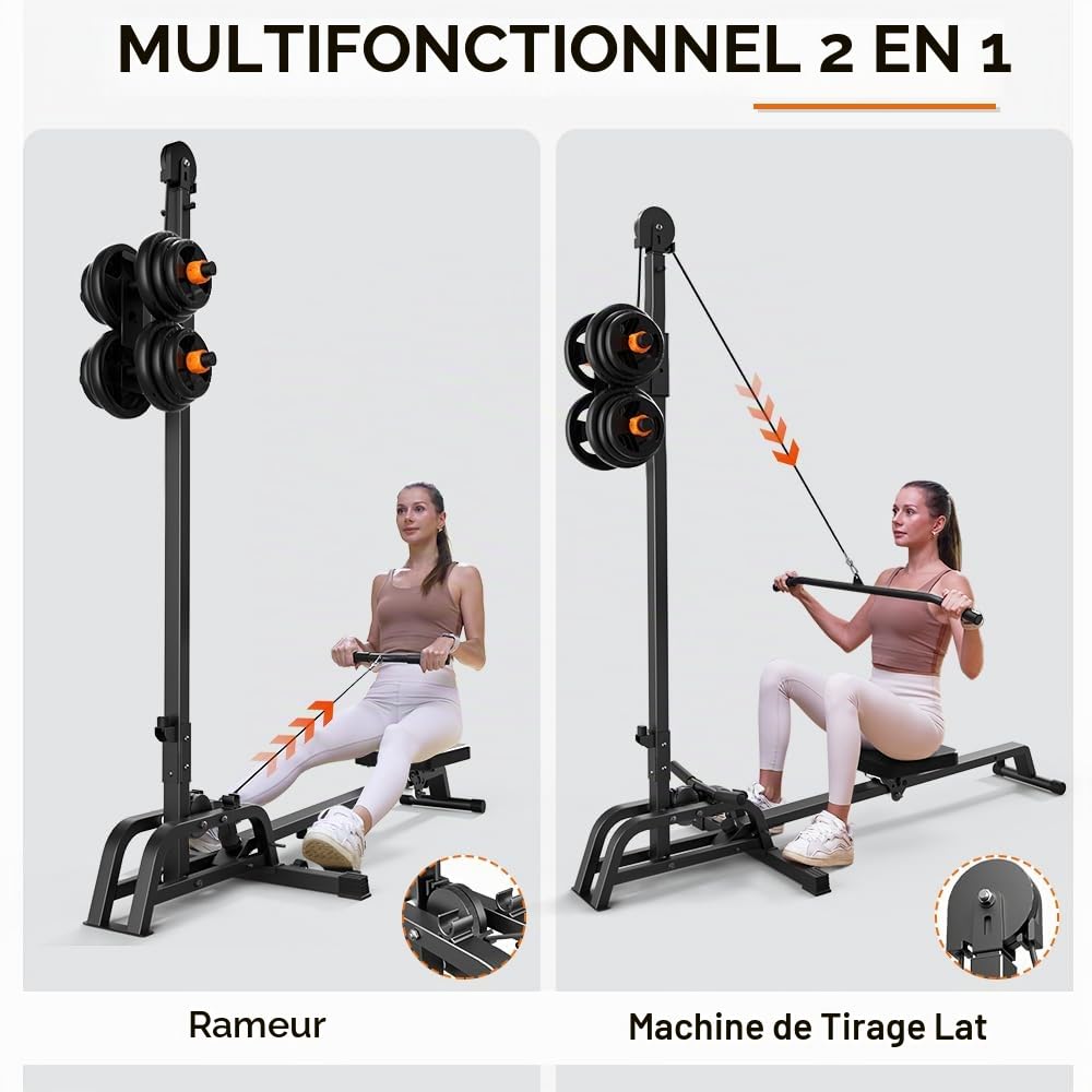 ONETWOFIT Foldable Rowing Machine & LAT Pull Down Machine 2 in 1 Multi-Function Compact Rowing Machine for Home, Low Row Cable Fitness with Flat Weight Bench