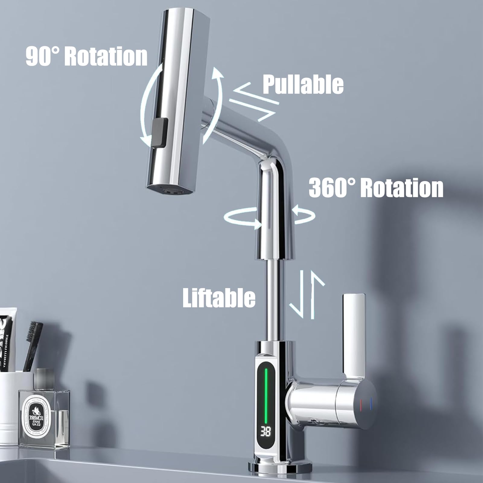 Grifo Cocina Extraible, Grifos de Cocina Fregadero con 3 Modos de Flujo de Agua, Giratorio a 360° Grifo Monomando Flexible Baño con Pantalla Digital de Temperatura LED (Cromo)