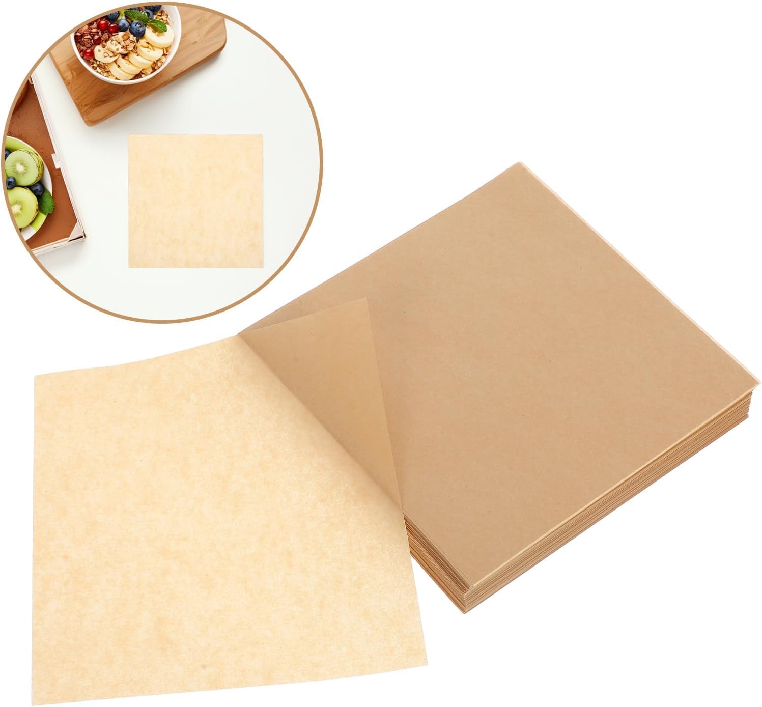500 Sheets Greaseproof Baking Parchment Paper 15x15cm Natural Brown Oil-absorbing Disposable Food Wraps for Fried Snacks and Kitchen Use