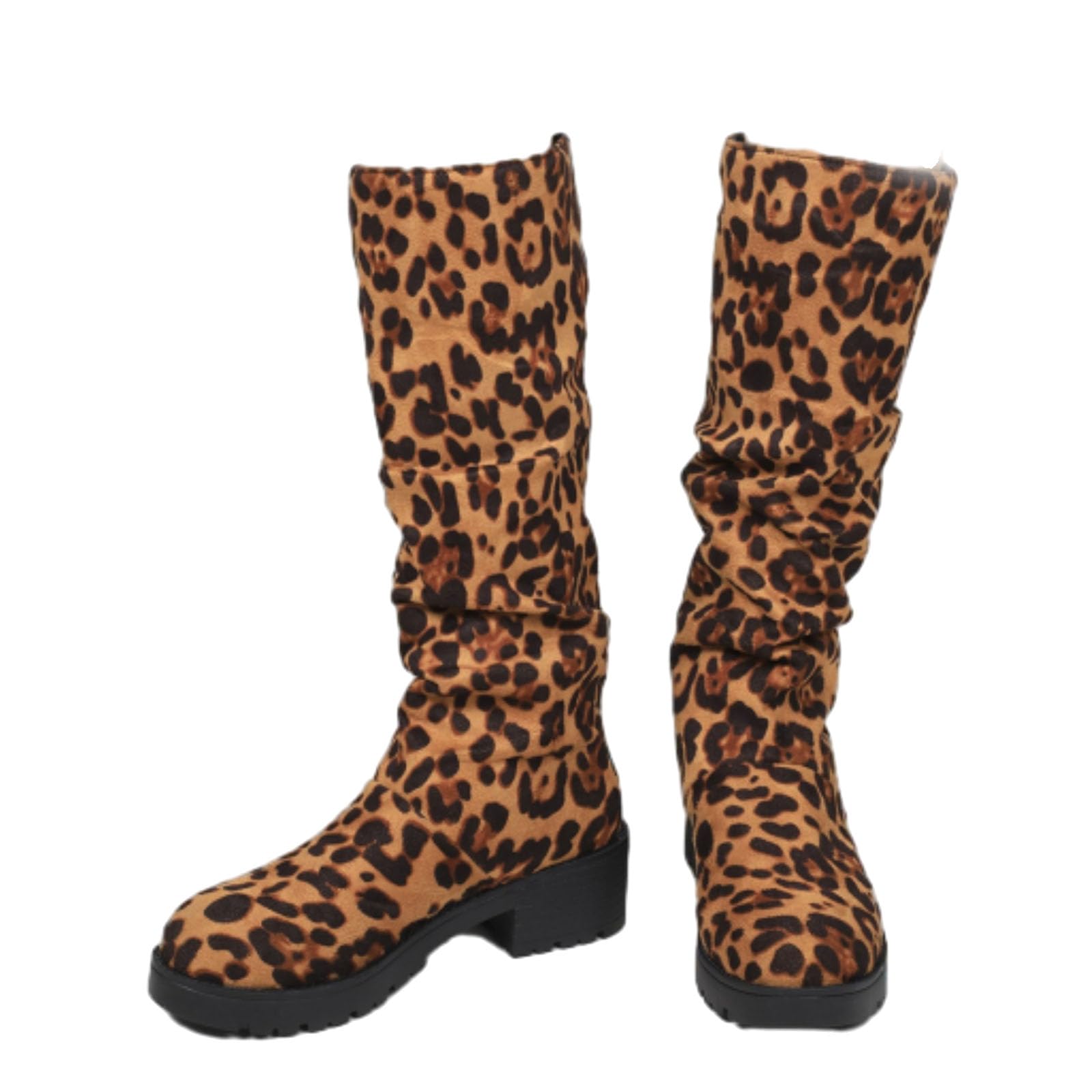 womens Suede Leopard Print Knee High Boots Slouch Ruched Wide Calf Comfort Non Slip Booties Comfortable Chunky Heels