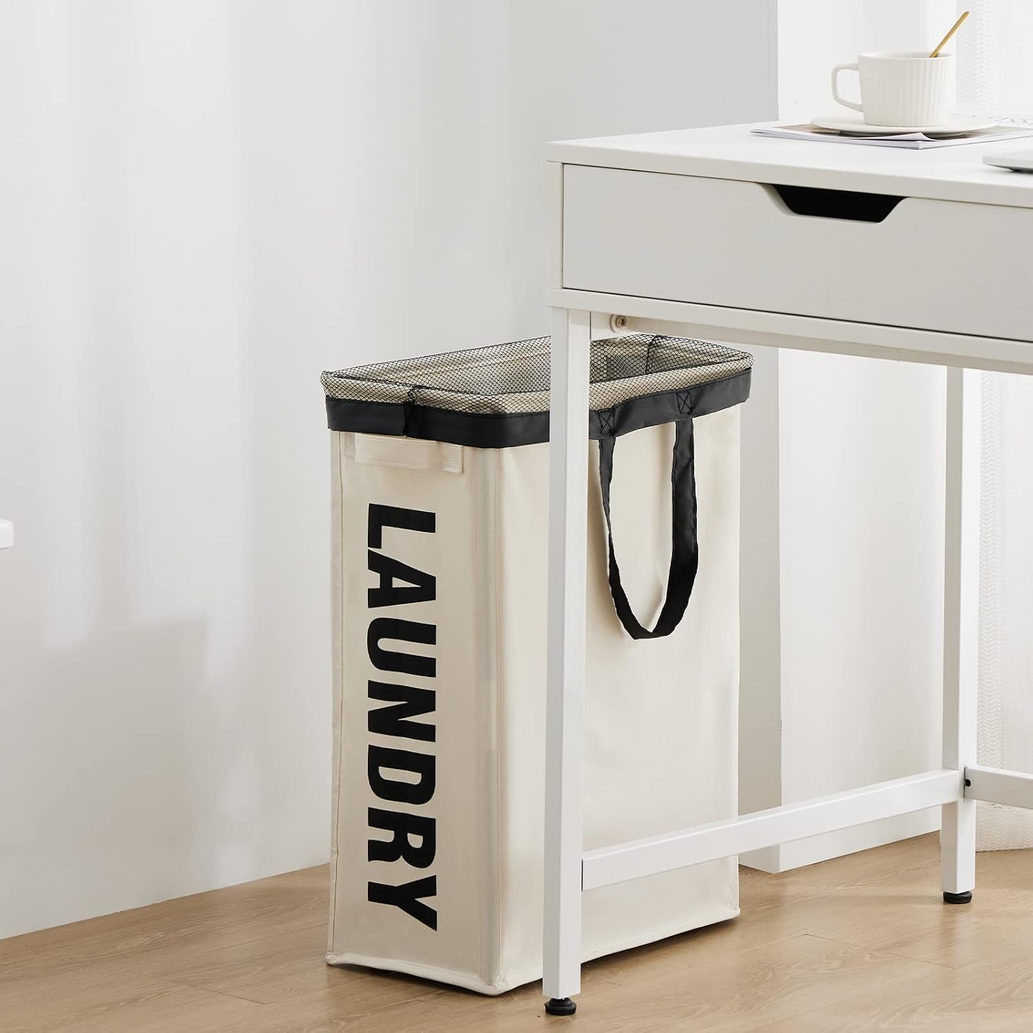 Slim Laundry Hamper with Removable Inner Bag and Side Handles, 45L Small Laundry Baskets to Store Clothes, Narrow Dirty Clothes Hamper for Laundry Room, Bathroom, Bedroom, and Living Room - Beige