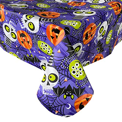 Newbridge Ghoulish Gang Whimsical Halloween Vinyl Flannel Backed Tablecloth - Pumpkin, Bats, Skulls and Spiderweb Fun Halloween Tablecloth, Easy Care Wipe Clean, 52 in x 70 in Oblong/Rectangle