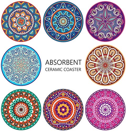 Teivio Absorbing Stone Mandala Ceramic Coasters For Drinks Cork Base With Holder, For Friends Funny Birthday Housewarming Apartment Kitchen Bar Decor, Suitable For Wooden Table, Coffee Table, Set Of 8 #TOP6