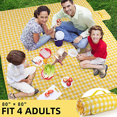 Lahawaha Extra Large Picnic Blankets, 80\'\'x80\'\' Washable Waterproof Foldable Oversized Picnic Mat Blanket for Beach, Camping On Grass (Yellow and White). - Thumbnail 6
