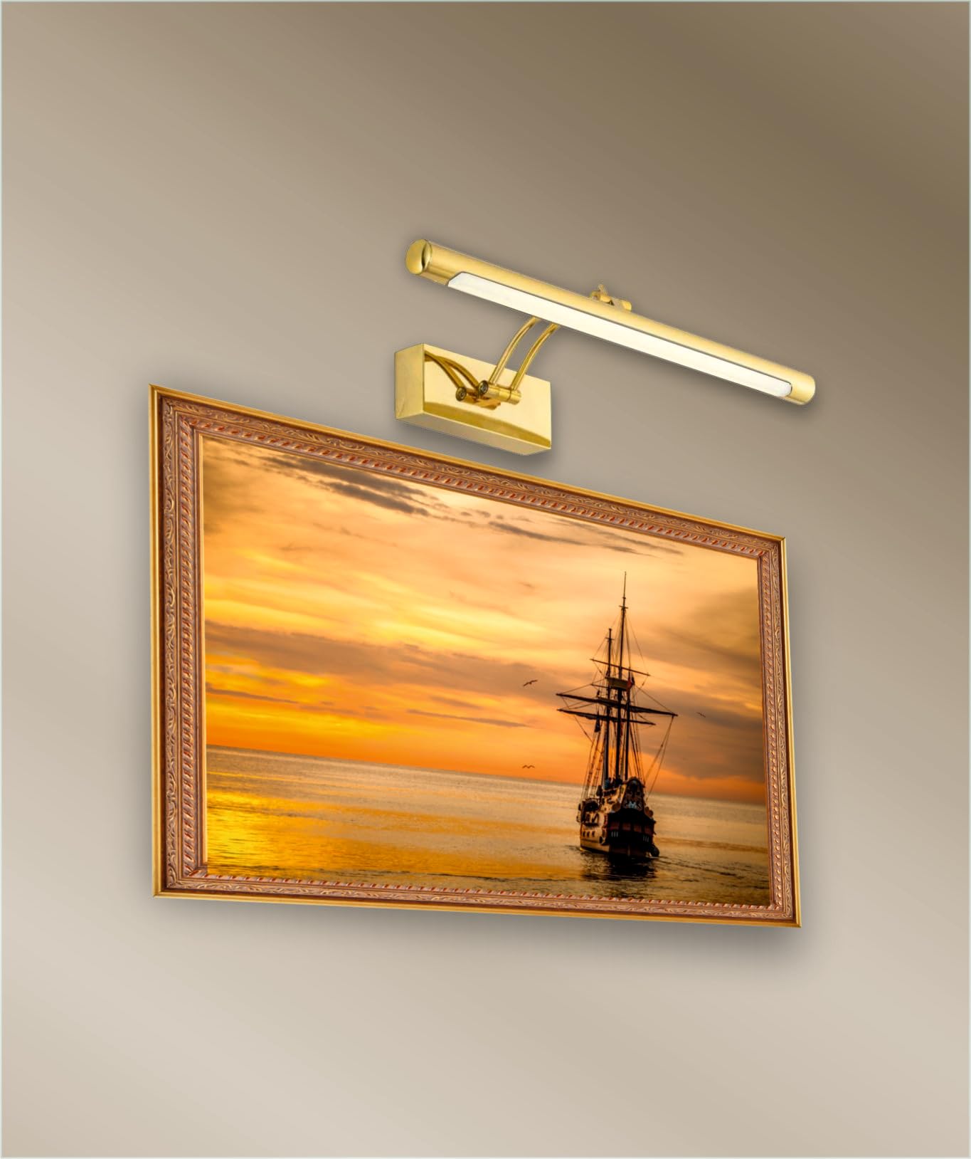 Aplique LED de pared para iluminar cuadros, espejos, etc, led 6W tradicional y elegante,tono de luz cálida 3000K, ORO Brillante, articulado y orientable. 40cm