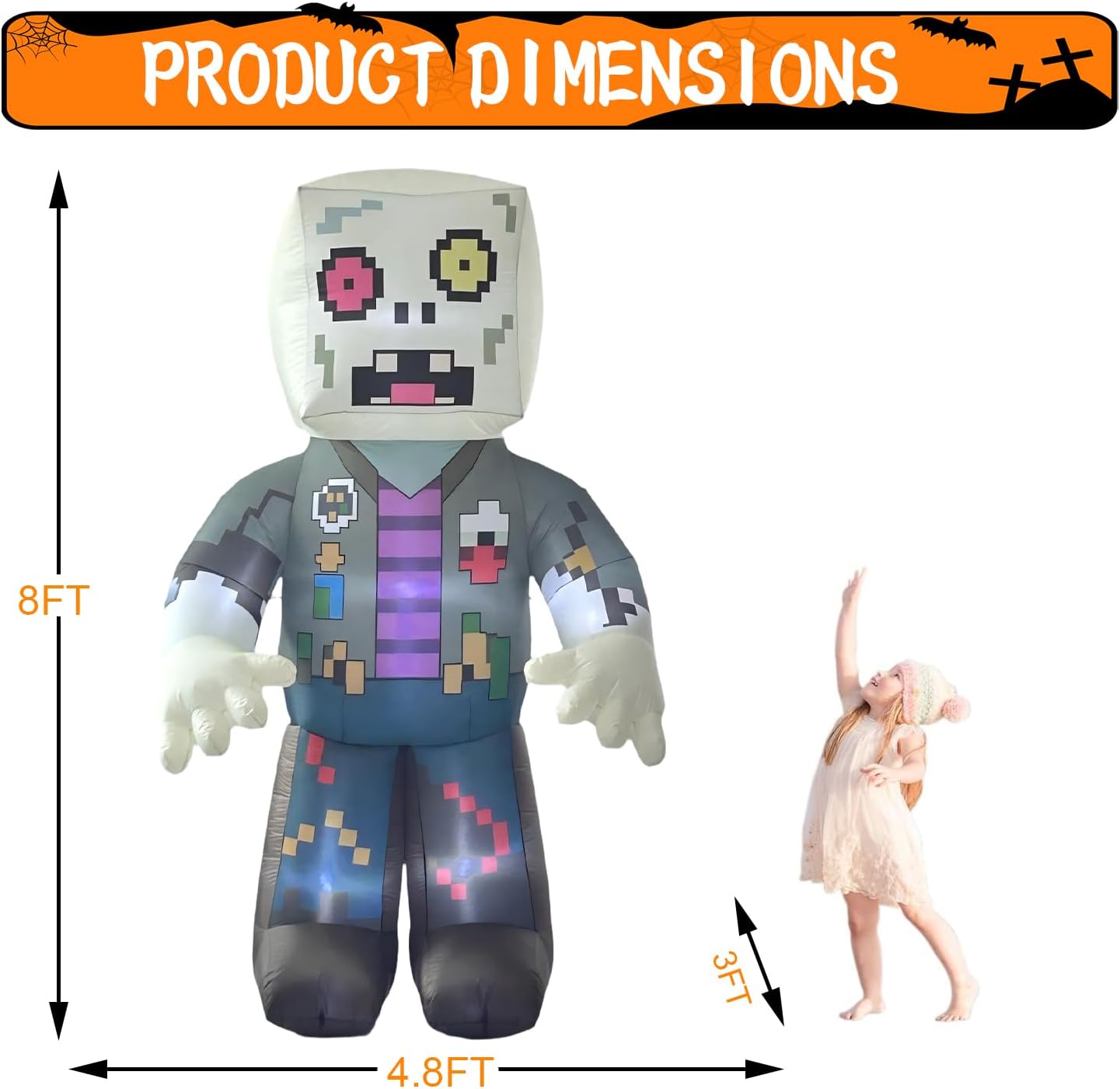 LANGXUN 8ft Pixel Zombie 2025 Halloween Inflatable Decoration - Giant Blow-Up Outdoor Indoor Cute Skeleton Ghost Yard Decor with LED Lights for Lawn, Garden, Patio Party Display