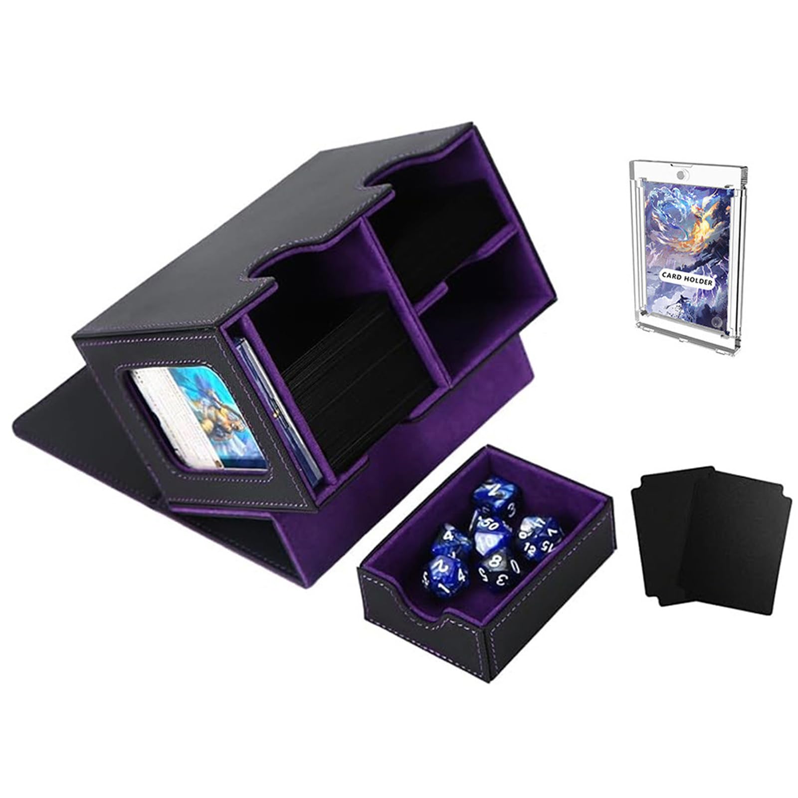Jaffzora Large Card Deck Box for MTG Commander, Card Storage Box for Trading Cards with Clear Side & Dice Tray, TCG Cards Display Case, Holds 150 Double-Sleeved Cards, Black&Purple