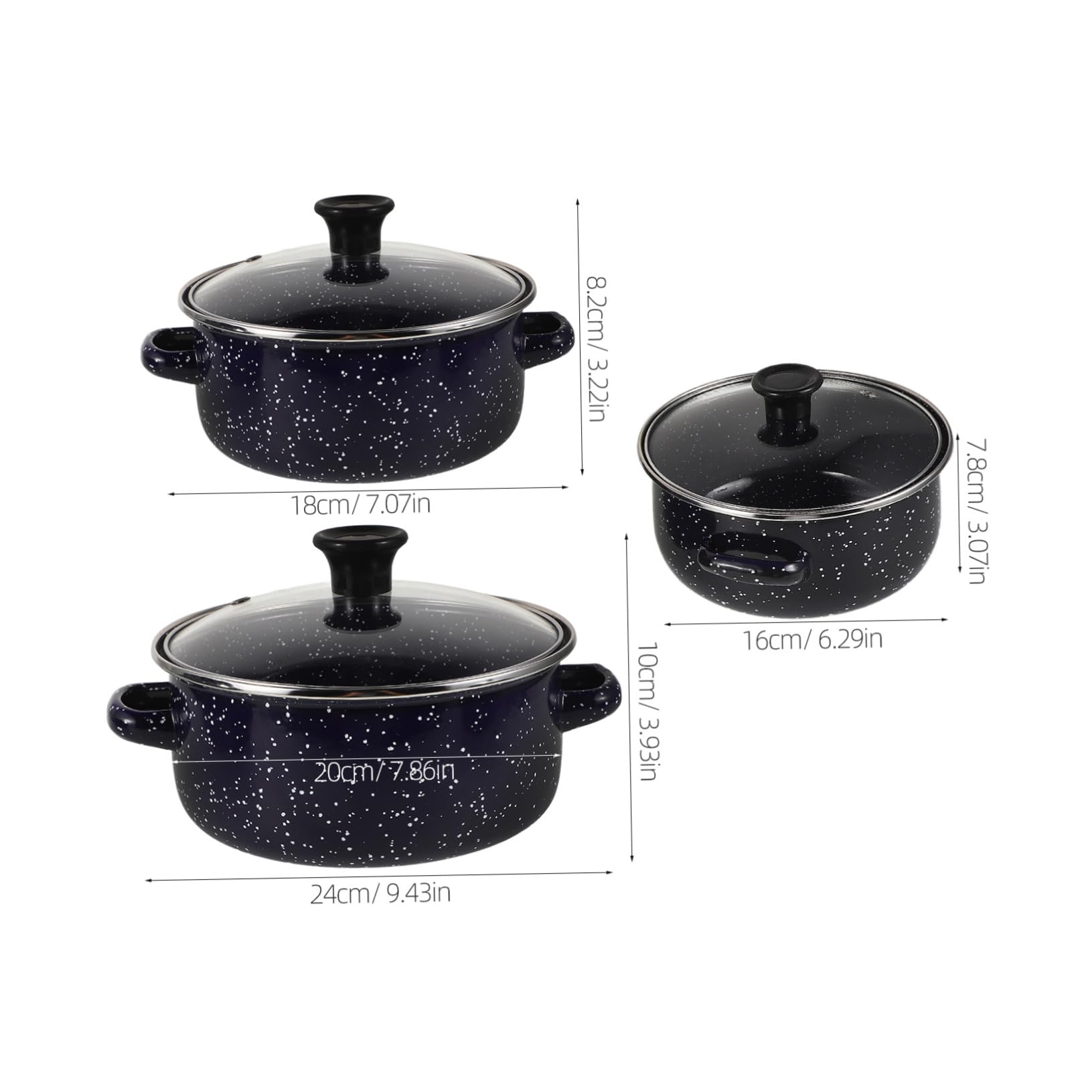 BESTYASH Emaille Topfset 3 Stück Kleiner Kochtopf mit Doppelgriff und Flachem Boden Blauer Vintage Suppentopf für Gleichmäßige Wärme und Einfaches Tragen für Instant Nudeln
