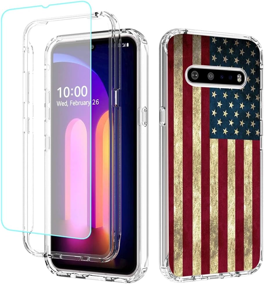 Phone Case for LG V60 ThinQ 5G Case/LG V60/LM-V600 Case with Tempered-Glass Screen Protector, Cute Clear Flag Pattern Full Body Protective Cover Cases for LG V60 ThinQ (USA Flag) 3in1 USA Flag