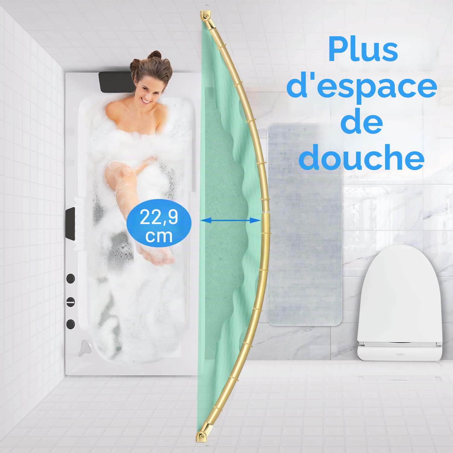 TOPROD Tringle à rideau de douche incurvée réglable de 122 à 183 cm pour salle de bain, barre de rideau de douche extensible en acier inoxydable, design télescopique personnalisé pour la baignoire,