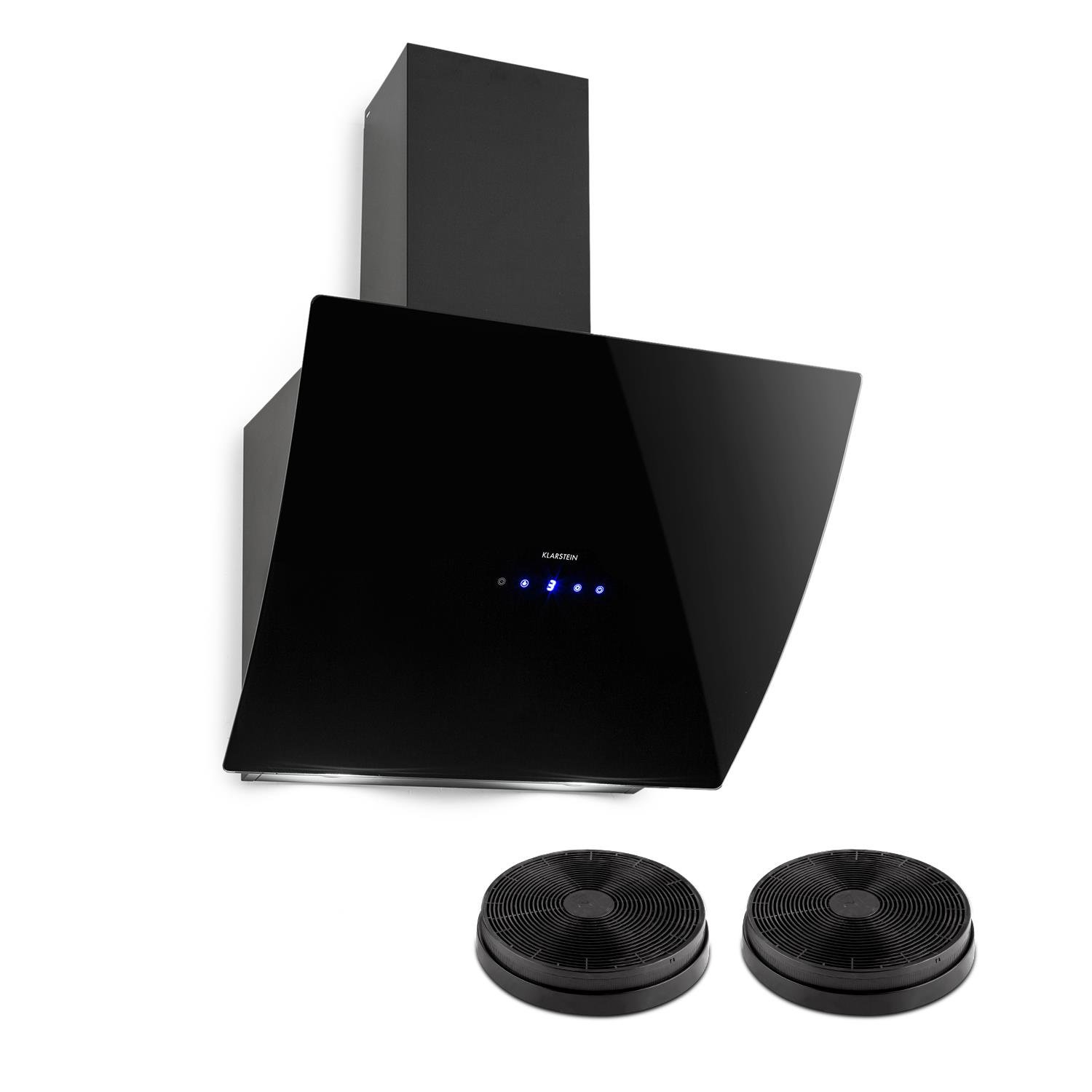 Klarstein Annabelle 60 - Campana extractora de humos, Extractor de pared, Absorción y ventilación, 3 niveles, Absorción de 595 m³/h, Acero inoxidable, Autoapagado, 2 filtros de carbono, Negro