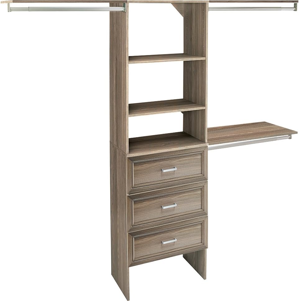 ClosetMaid SuiteSymphony Wood Closet Organizer Kit with Tower, 3 Hang Rods, Top Shelves, 3 Drawers, Adjustable, Fits Spaces 6-10 ft. Wide, Natural Gray