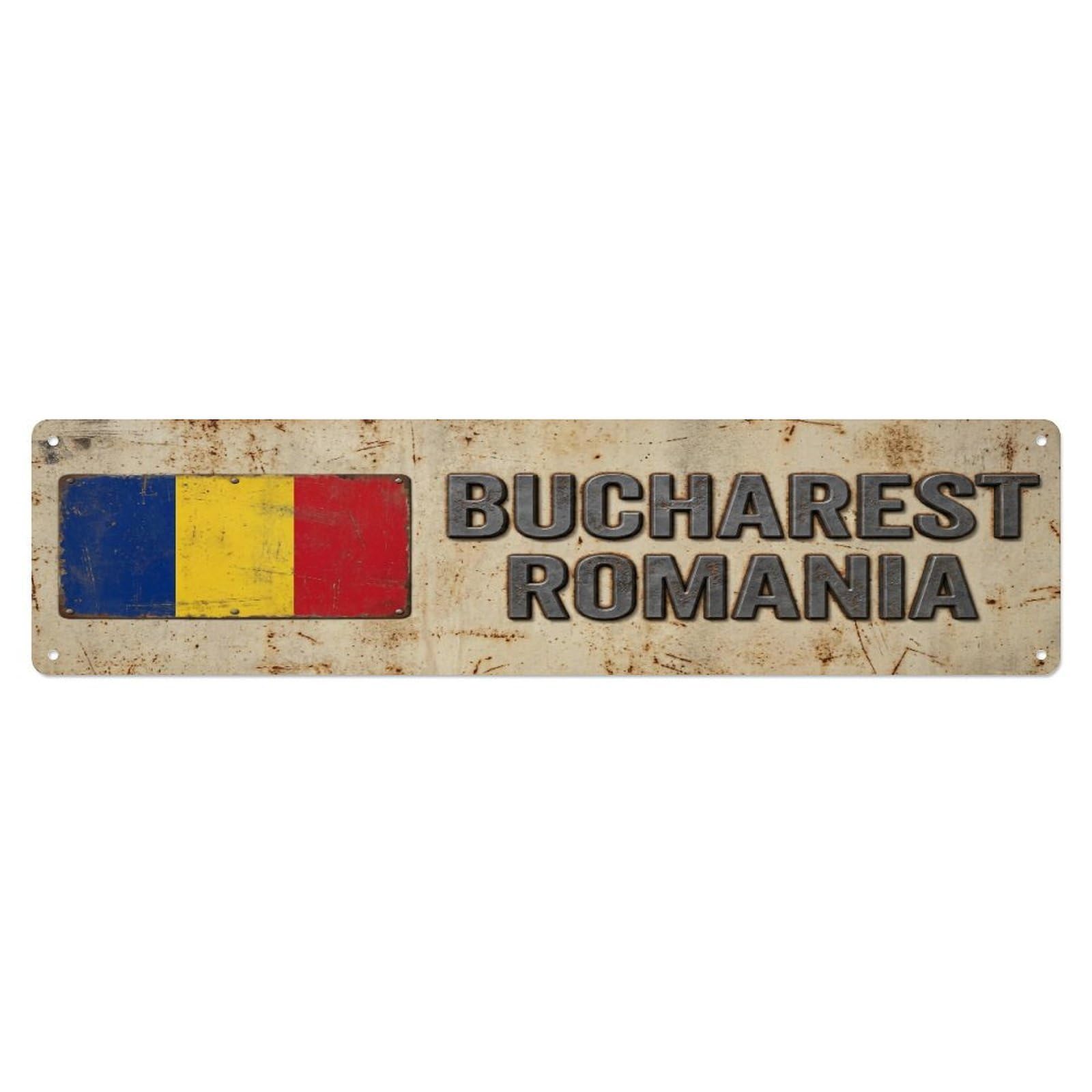 Okahys 4X16inch(10X40cm) Vintage Bucharest Romania Flag Decor Rustic Travel Metal Tin Sign