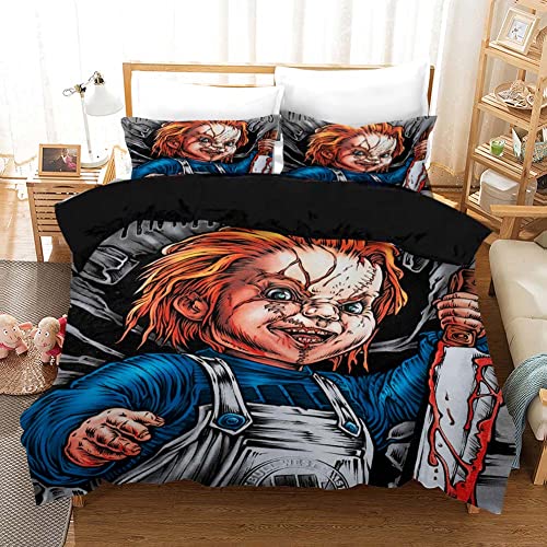 PTNQAZ Juego de ropa de cama de muñeca de terror con estampado en 3D, con fundas de almohada, diseño de personaje de Moive, Chucky, ropa de cama, fundas de edredón (individual, 1)
