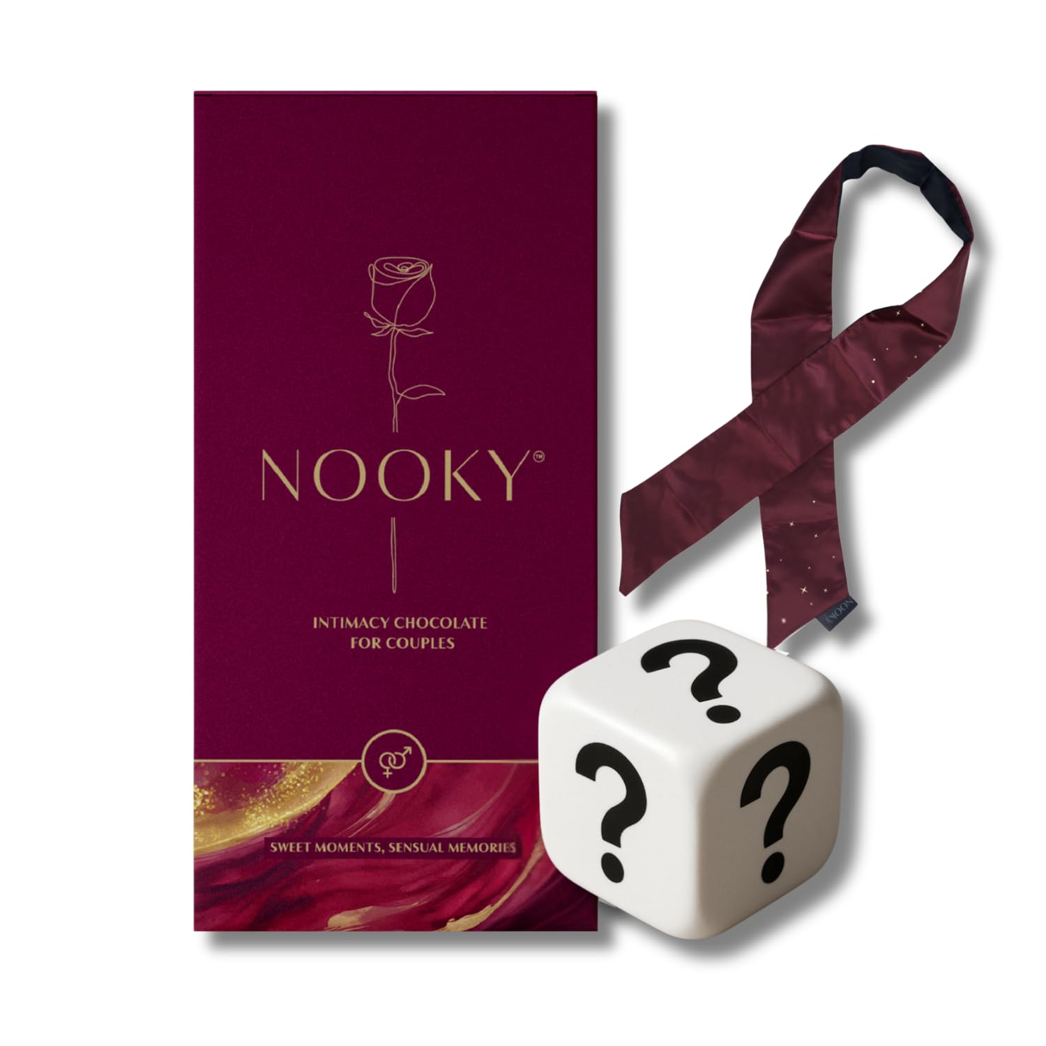 Nooky Tempting Delights for uplifing mood | Luxury Dark Chocolate Best Gift Set for Men & Women (Chocolate + Dice + Blindfold)