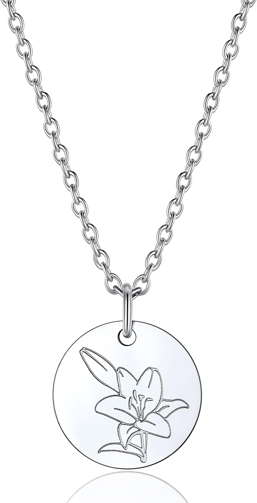 BestyleDelicate 12 Month Birth Flower Necklace Floral Medallion Pendant, Minimalist Round Disc Bouquet Statement Jewelry Birthday Gifts for Women Grils, Words Engravable