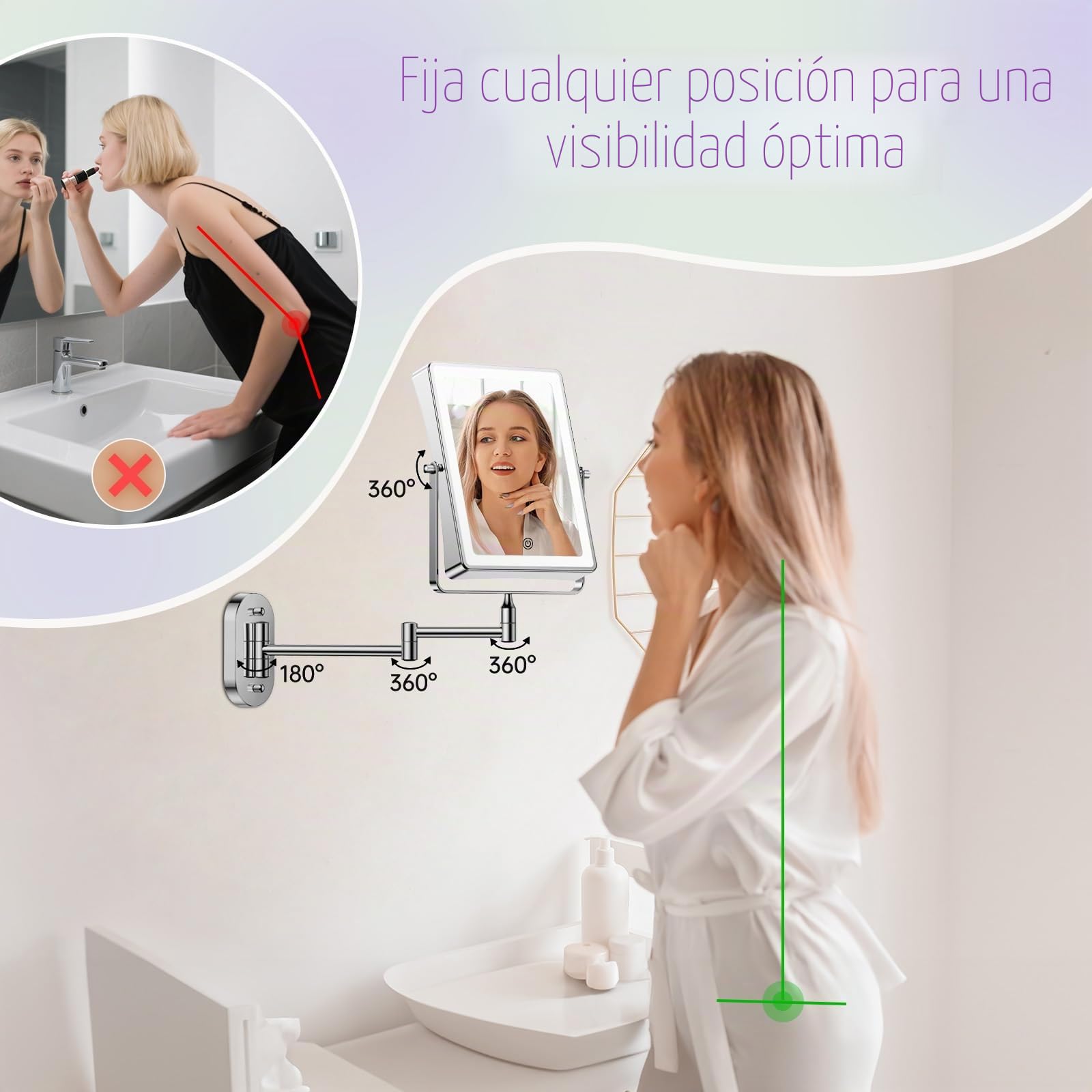 FASCINATE Espejo de Maquillaje Recargable con Aumento 1X/10X, 3 Luces Regulables, Pantalla táctil giratoria 360°, Montaje en Pared, Espejo de Afeitado para baño