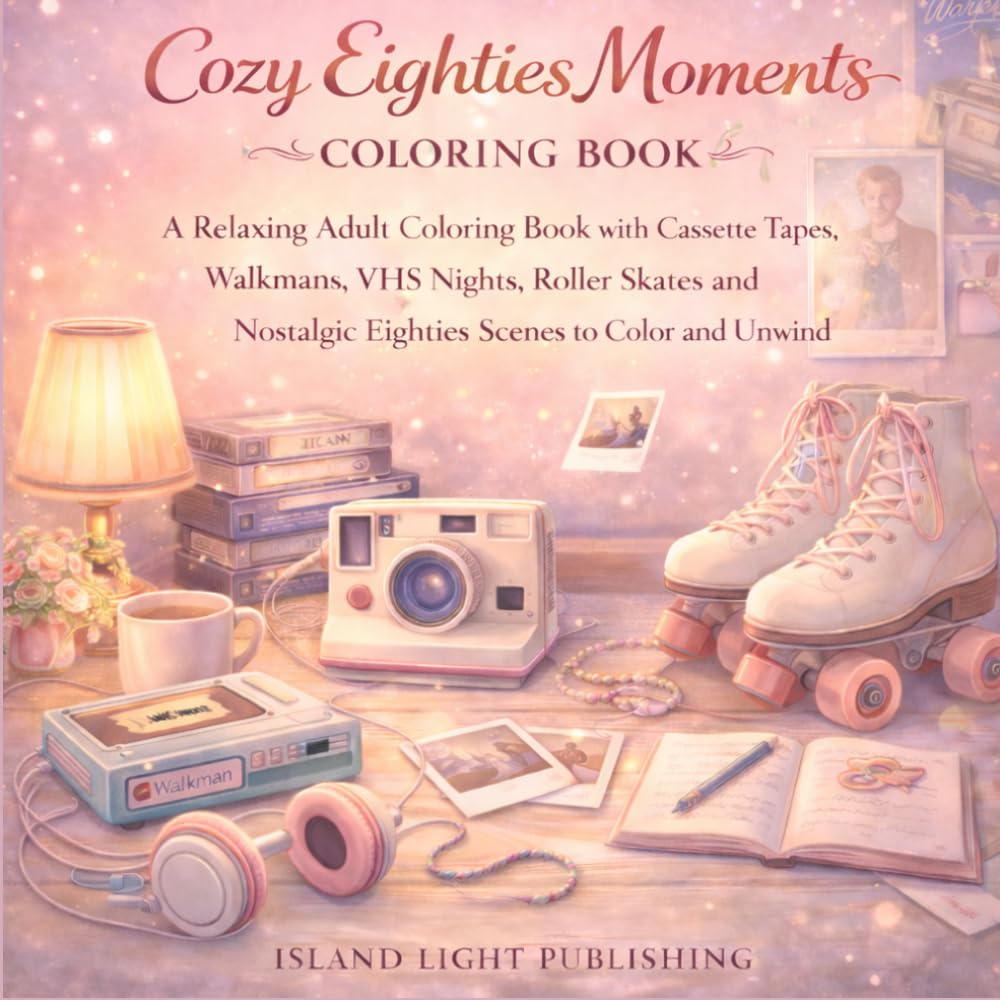 Cozy Eighties Moments Coloring Book: A Relaxing Adult Coloring Book with Cassette Tapes, Walkmans, Roller Skates, Arcade Games, Mixtapes, Sleepovers and Nostalgic Eighties Scenes to Color and Unwind