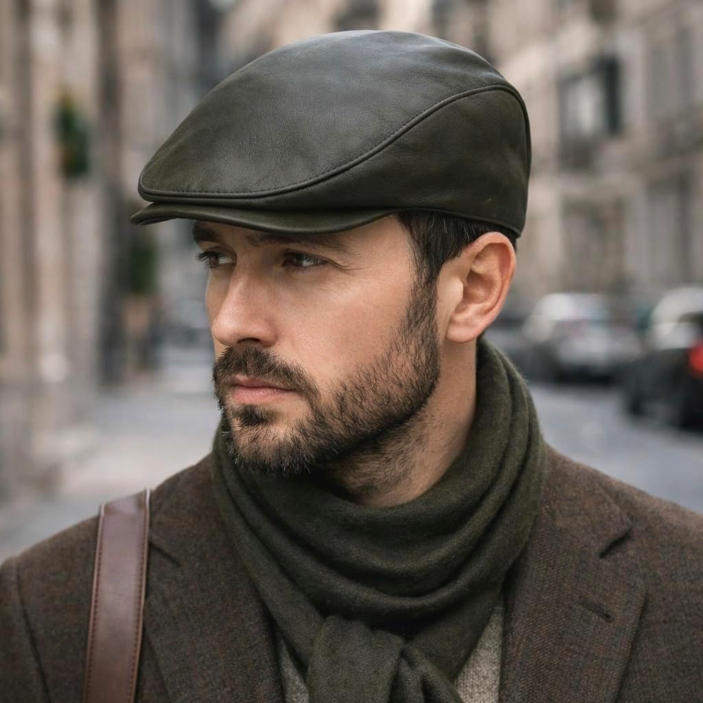 Handmade Men’s Real Leather Newsboy Cap – Vintage Sheepskin Leather Flat Cap, Classic Cabbie Driver Ascot Hat - Image 8