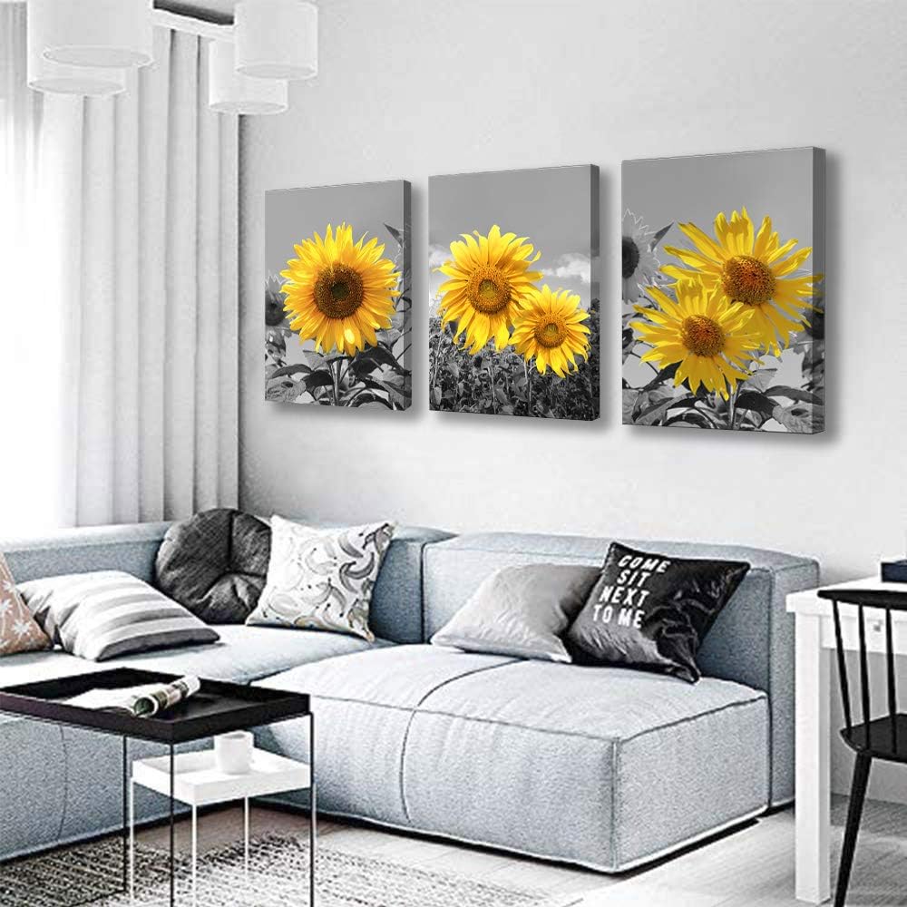 USIXA Sunflower Wall Art for Living Room Black White Flowers Wall Decor Yellow Floral Canvas Prints Painting Wood Frame with Hook Decorative Botanical Blossom Picture Artwork in 3 Panels 12×16 Inches
