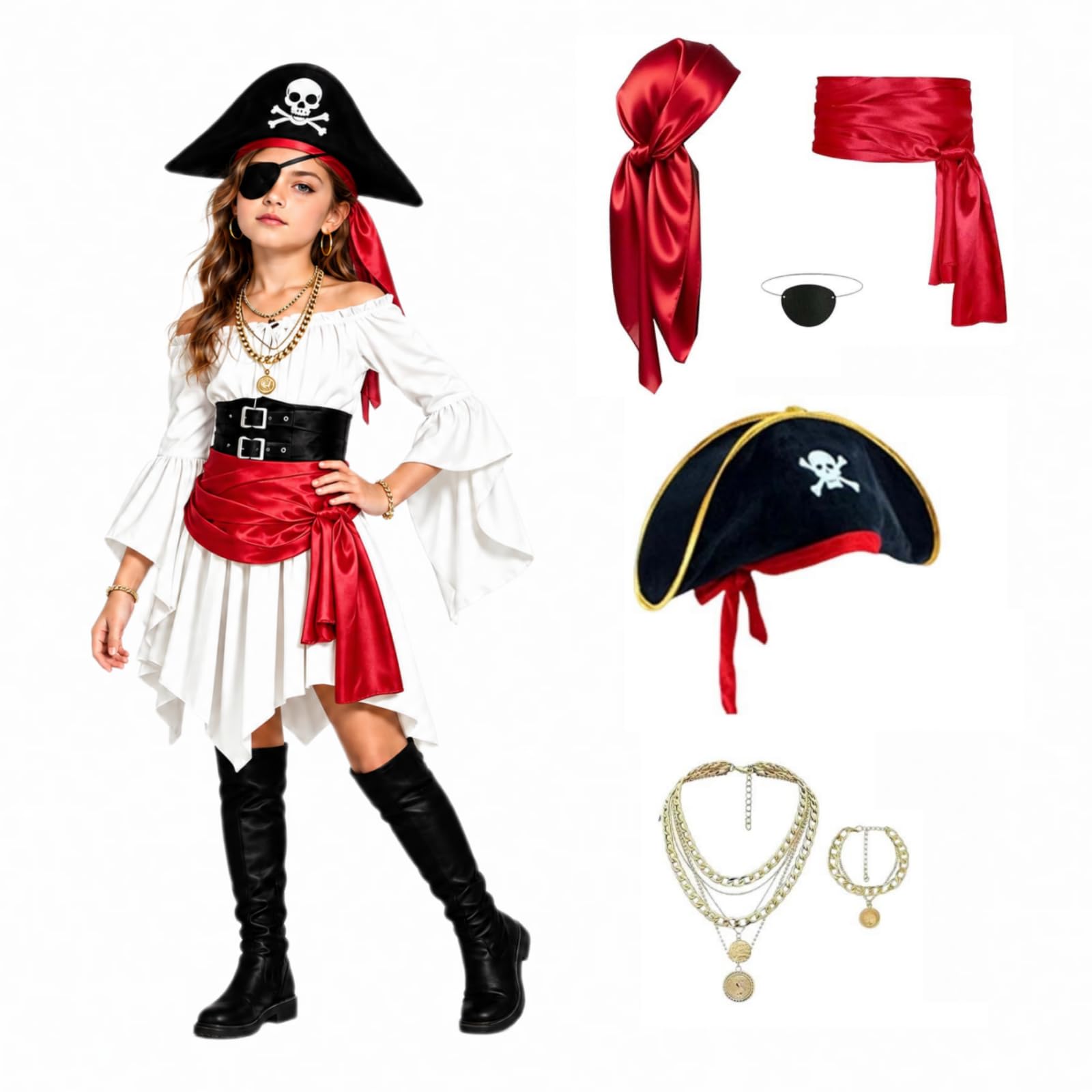 7 Pcs Girls Pirate Costume, Pirate Costume Kids with Pirat Dress and Corset Belt, Halloween Costumes Create Complete Pirat Princess Dress for Child, Perfect Birthdays, Carnivalsand Themed Parties