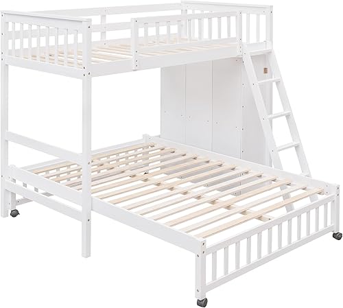 Miniatura 5 de HYC Litera de madera individual sobre matrimonial con seis cajones estantes flexibles y barandilla de protección no necesita somier color blanco