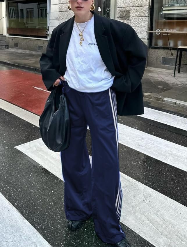 KMBANGI Women Striped Track Pants Elastic Waist Straight Leg Sweatpants Joggers Wide Leg Side Stripes Pants with Pockets - Image 5