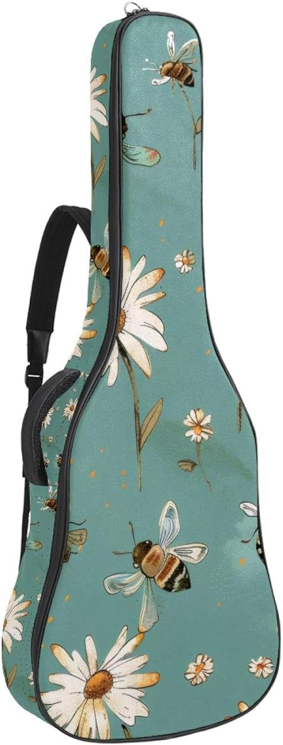 40 41 42 Inch Guitar Bags, Waterproof Padded Acoustic Guitar Case Backpack with Adjustable Shoulder Strap & Pockets, Bees and Daisy Flowers