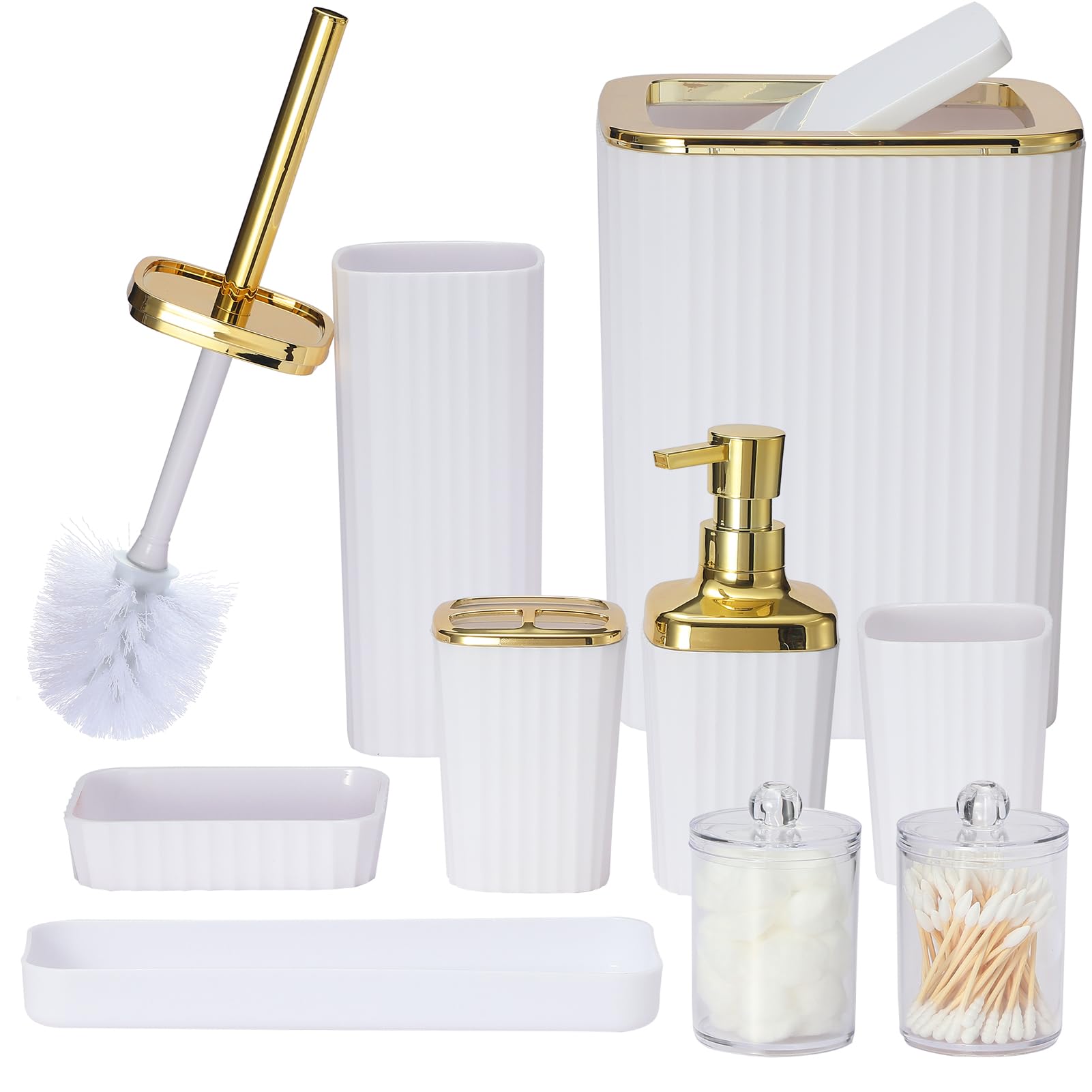 Bathroom Accessories Set,9 Piece White Bathroom Sets Complete with Toothbrush Holder, Trash Can, Lotion Soap Dispenser, Toothbrush Cup, Vanity Tray,