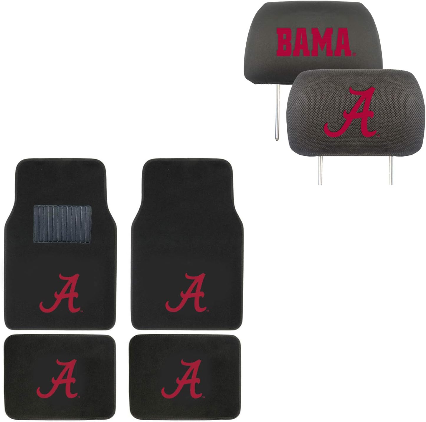 AAC FANMATS NCAA Carpet Floor Mats Bundle with Head Rests for Alabama Crimson Tide Fans Officially Licensed(6 Items)