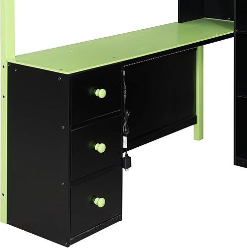 Miniatura 166 de Cama tipo loft de tamaño individual con 3 estantes, 2 armarios y 2 cajones, cama alta funcional con escalera de almacenamiento, marco de cama loft