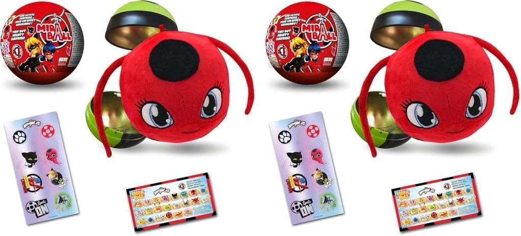 Miraculous Ladybug 4-1 Surprise Miraball Toy for Kids with Collectible Figure Metal Ball Kwami Plush Glitter Stickers and White Ribbon Wyncor 1 Piece Pack of 2