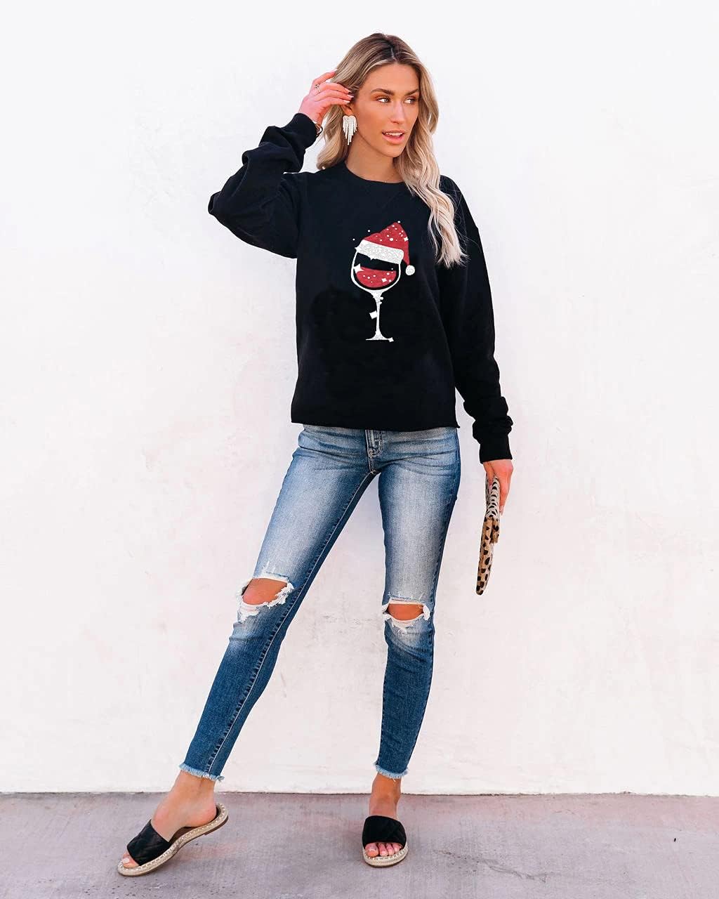 SUPEYA Women Red Wine Glass Christmas Sweatshirt Funny Christmas Pullover Xmas Santa Hat Graphic Blouse Tshirt Tops - Image 4