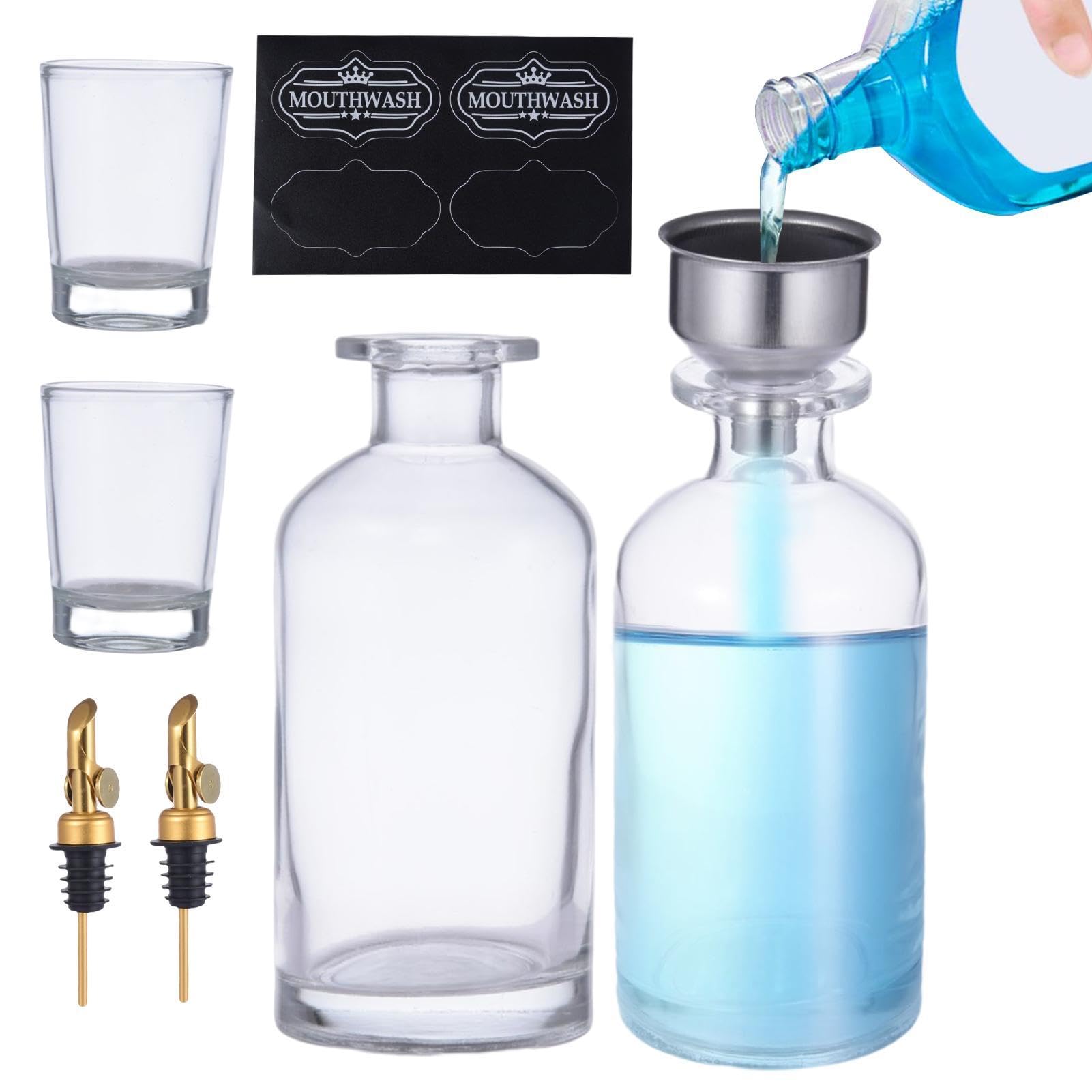 Mundspülspender aus Glas – 350 ml Mundspül-Spender-Flaschen-Set, Aufsatz-Badezimmer-Mundspülspender-Set, nachfüllbarer Glas-Mundspülbehälter für Zuhause
